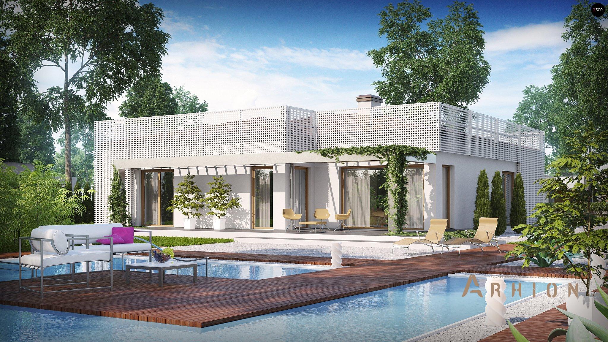 1. Проект одноэтажного дома в стиле минимализм с плоской кровлей , Zx100 v1, площадью - 168 кв c терассой, гаражом